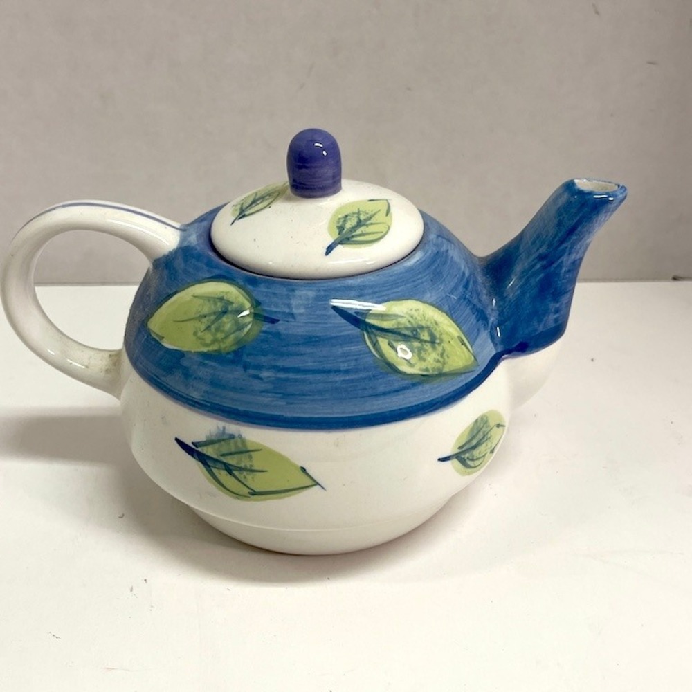 Royal Norfolk Blue and Green Leaf Hand Painted Ceramic Teapot with Lid 7"